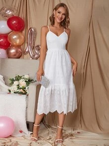 Eilly Bazar 荷葉邊網眼刺繡吊帶連衣裙 - 白色 - 查看 6