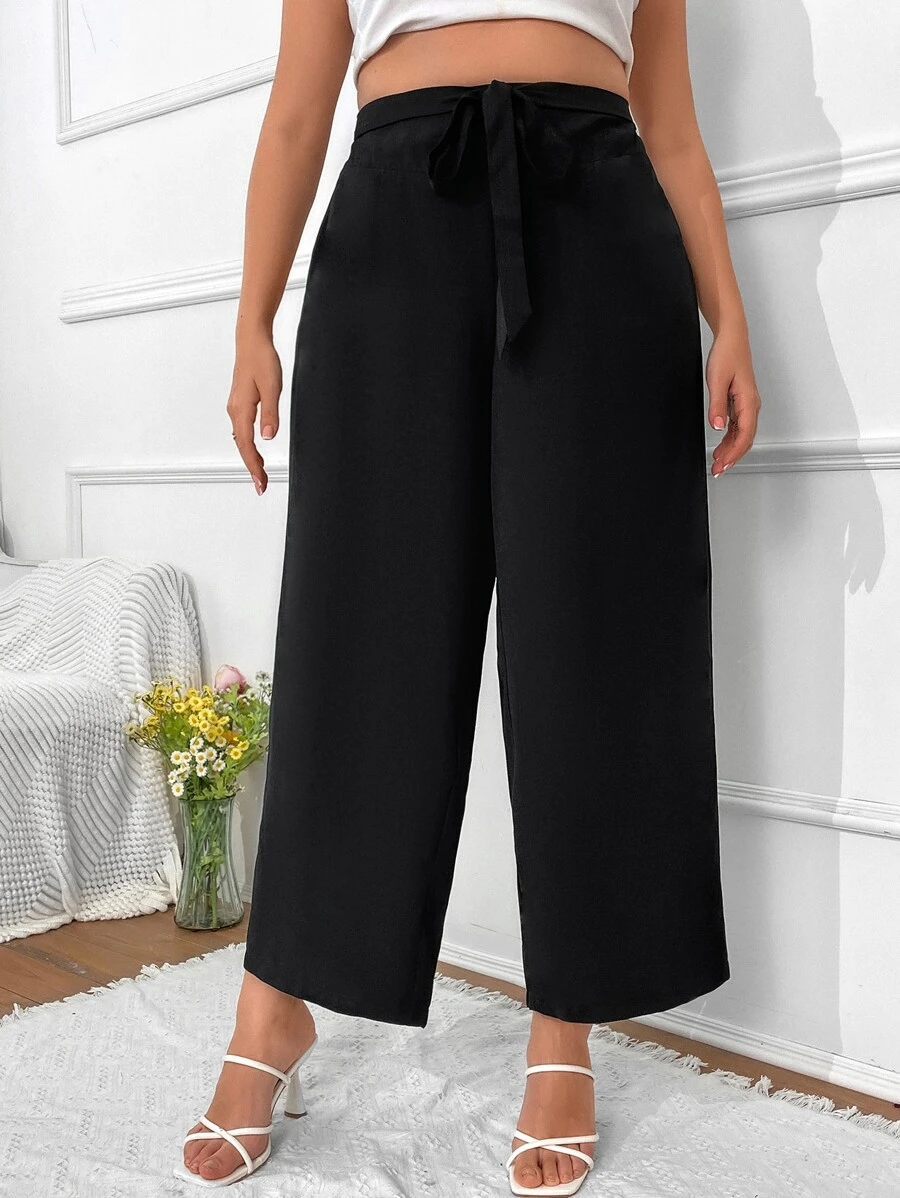 Calvaya Plus High Waist Belted Wide Leg Trousers - Black - View 1
