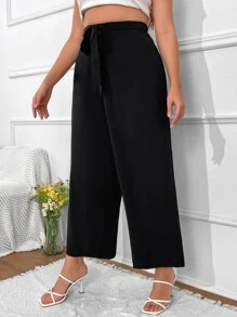 Calvaya Plus High Waist Belted Wide Leg Trousers - Black - View 3