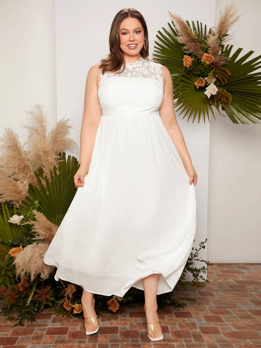SHEIN Belle Plus Contrast Lace Wedding Dress - White - View 1