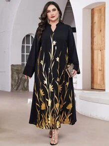 Al Najma 大碼燙金花朵印花缺口領直筒洋裝 - 黑色 - 查看 3