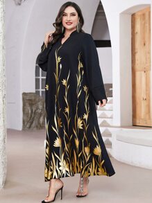 Al Najma 大碼燙金花朵印花缺口領直筒洋裝 - 黑色 - 查看 4