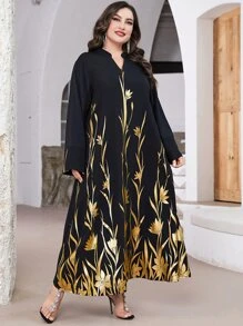 Al Najma 大碼燙金花朵印花缺口領直筒洋裝 - 黑色 - 查看 5