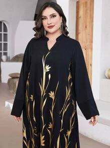 Al Najma 大碼燙金花朵印花缺口領直筒洋裝 - 黑色 - 查看 6