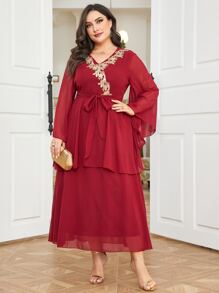 Al Najma Burgundy Red Plus Floral Embroidery Belted Dress - Burgundy - View 5