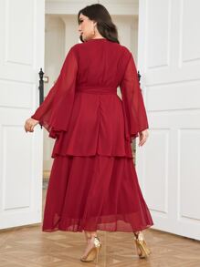Al Najma Burgundy Red Plus Floral Embroidery Belted Dress - Burgundy - View 2