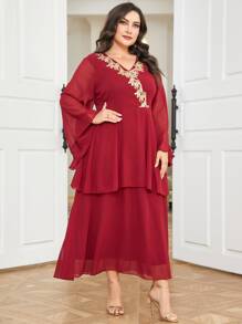 Al Najma Burgundy Red Plus Floral Embroidery Belted Dress - Burgundy - View 3