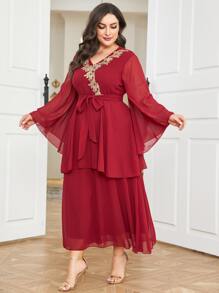 Al Najma Burgundy Red Plus Floral Embroidery Belted Dress - Burgundy - View 1