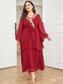 Al Najma Burgundy Red Plus Floral Embroidery Belted Dress - Burgundy - View 6