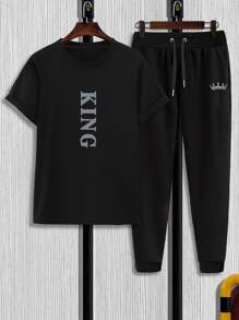 Manfinity Men Crown & Letter Graphic Tee & Joggers - Black - View 2