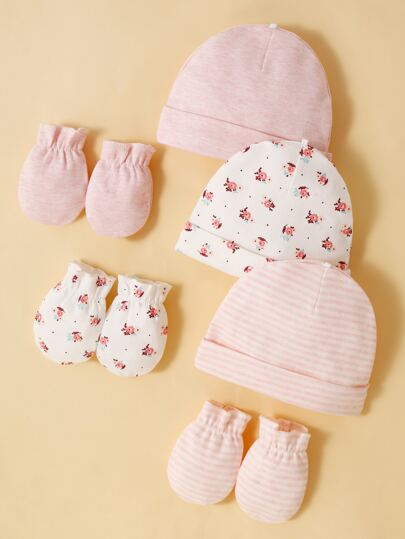 momscare 6pcs/Set Cute Pink Rose Pattern Hat & Socks Set, Soft & Comfortable, Suitable For Newborns And Infants - Adorable Design, Includes 3 Hats And 3 Pairs Of Socks, Also Makes A Great Fontanel Gift For Baby Girls