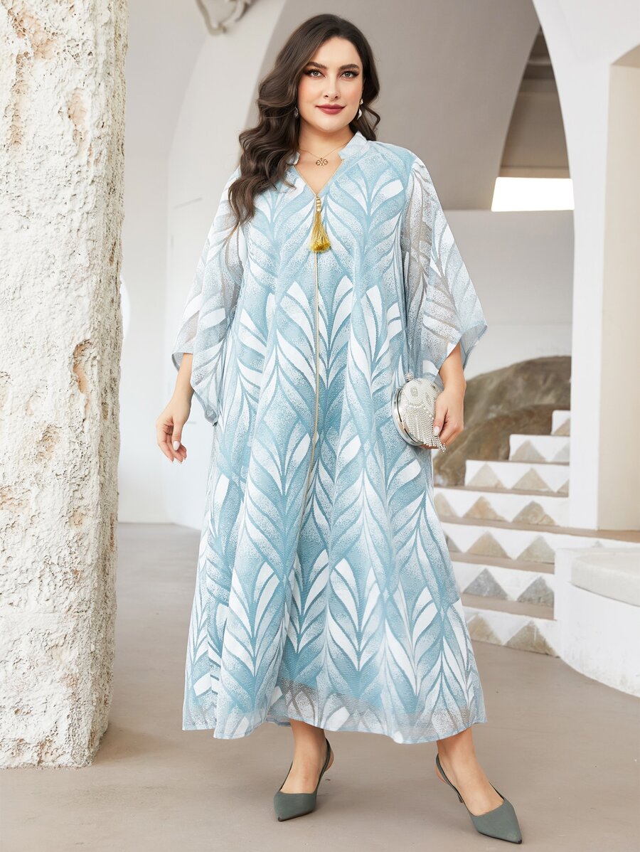 Al Najma 大碼滿版印花流蘇細節連衣裙 - 薄荷藍 - 查看 1