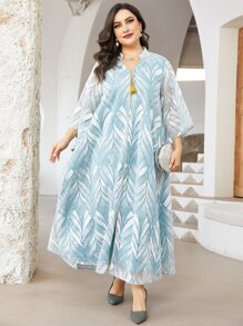 Al Najma 大碼滿版印花流蘇細節連衣裙 - 薄荷藍 - 查看 6