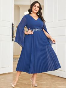 Modelyn Plus Split Sleeve Pleated Hem Belted Dress - Navy Blue - View 1