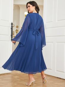 Modelyn Plus Split Sleeve Pleated Hem Belted Dress - Navy Blue - View 2