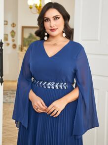 Modelyn Plus Split Sleeve Pleated Hem Belted Dress - Navy Blue - View 4