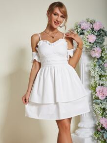 Eilly Bazar Cold Shoulder Frill Trim Ruched Bust Two Layered Hem Dress - White - View 1