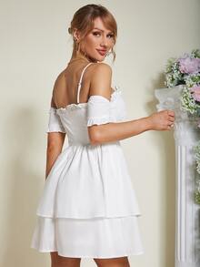 Eilly Bazar Cold Shoulder Frill Trim Ruched Bust Two Layered Hem Dress - White - View 2