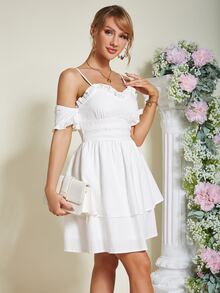 Eilly Bazar Cold Shoulder Frill Trim Ruched Bust Two Layered Hem Dress - White - View 3