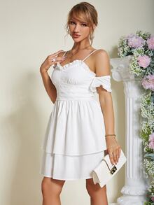 Eilly Bazar Cold Shoulder Frill Trim Ruched Bust Two Layered Hem Dress - White - View 4