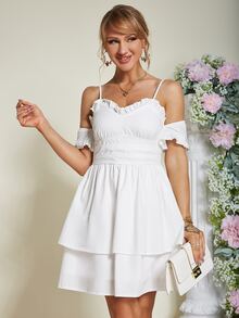 Eilly Bazar Cold Shoulder Frill Trim Ruched Bust Two Layered Hem Dress - White - View 5