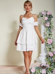 Eilly Bazar Cold Shoulder Frill Trim Ruched Bust Two Layered Hem Dress - White - View 6