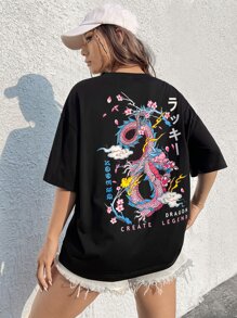 SHEIN EZwear Áo thun nữ Lá thư Thú vật Giải trí - màu đen - Xem 4
