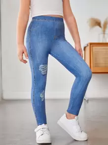 SHEIN Leap Crew Jeggings con estampado de efecto de tela de mezclilla rasgada para niña joven - Azul - Ver 1
