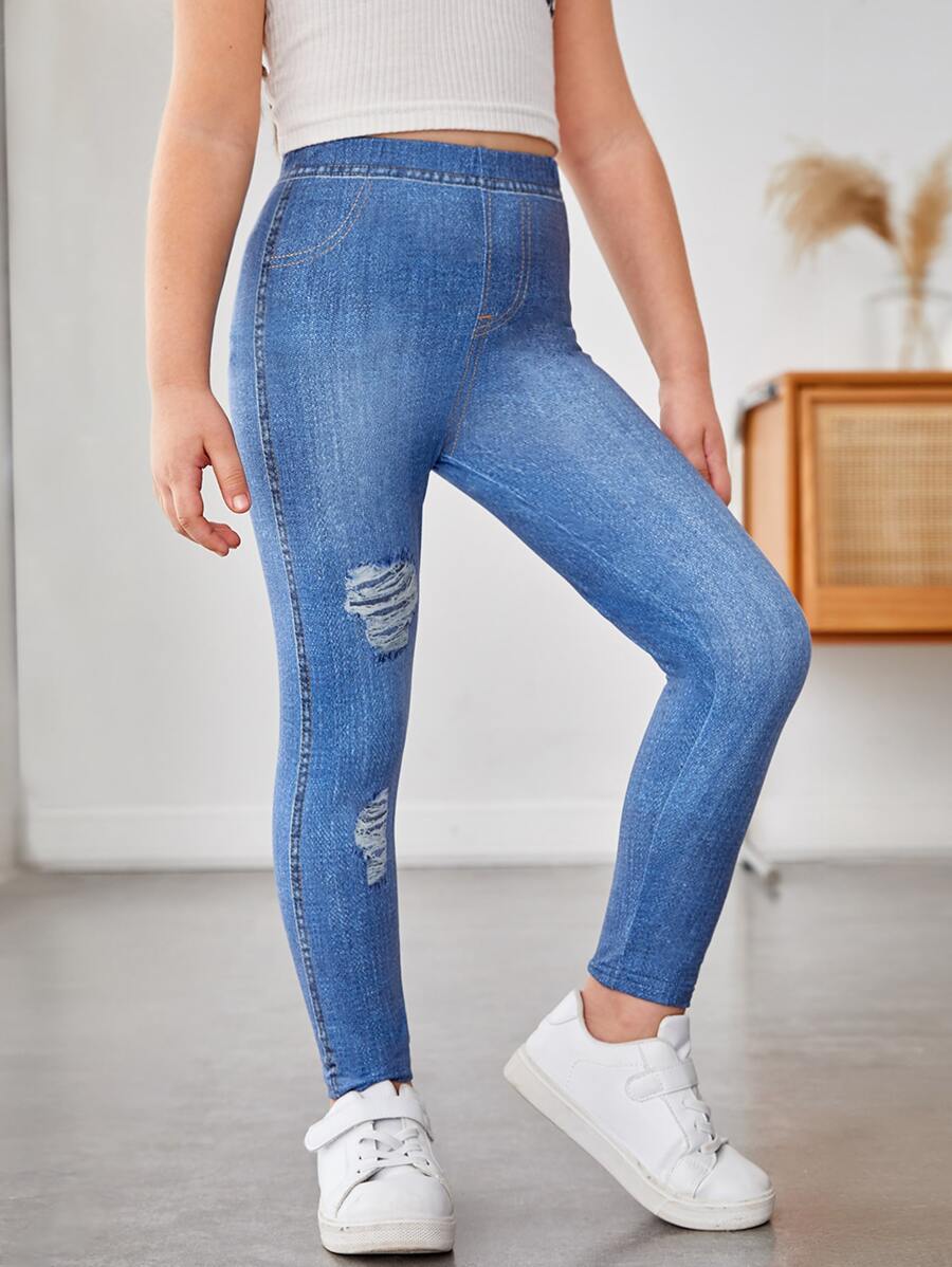 SHEIN Leap Crew Jeggings con estampado de efecto de tela de mezclilla rasgada para niña joven - Azul - Ver 1
