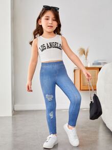SHEIN Leap Crew Jeggings con estampado de efecto de tela de mezclilla rasgada para niña joven - Azul - Ver 3
