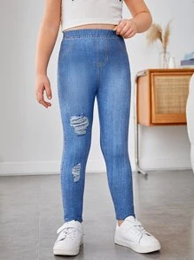 SHEIN Leap Crew Jeggings con estampado de efecto de tela de mezclilla rasgada para niña joven - Azul - Ver 4