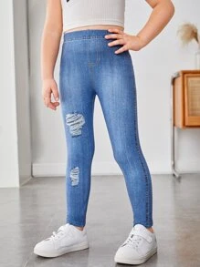SHEIN Leap Crew Jeggings con estampado de efecto de tela de mezclilla rasgada para niña joven - Azul - Ver 5