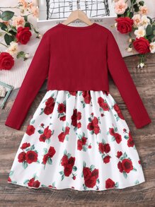 Girls Floral Print Dress & Button Front Jacket - Red and White - View 2