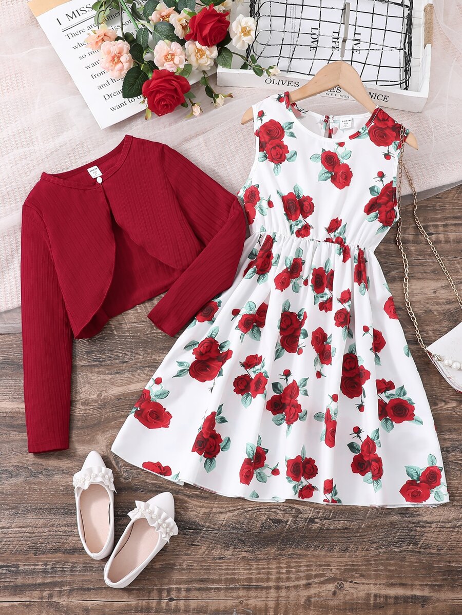 Girls Floral Print Dress & Button Front Jacket - Red and White - View 1