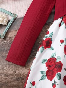 Girls Floral Print Dress & Button Front Jacket - Red and White - View 8