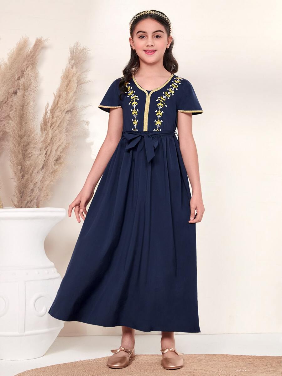 SHEIN Đầm Gái Thêu Ruy băng Hoa Boho - Màu xanh hải quân - Xem 1