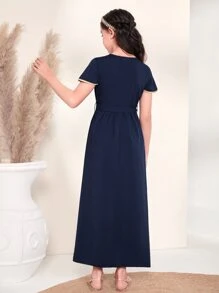 SHEIN Đầm Gái Thêu Ruy băng Hoa Boho - Màu xanh hải quân - Xem 2