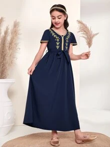 SHEIN Đầm Gái Thêu Ruy băng Hoa Boho - Màu xanh hải quân - Xem 7