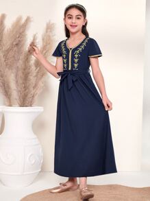 SHEIN Đầm Gái Thêu Ruy băng Hoa Boho - Màu xanh hải quân - Xem 4