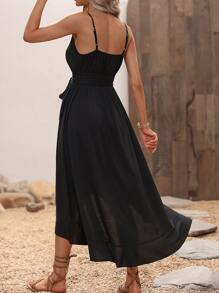 SHEIN VCAY Đầm Thắt lưng Cao thấp Xù Trọn gói màu trơn Giải trí - màu đen - Xem 2