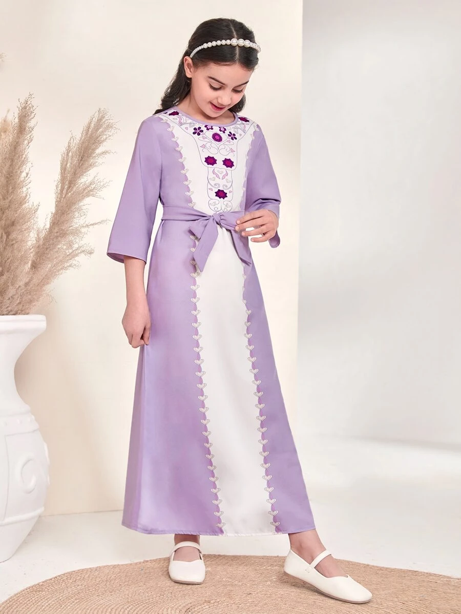 Girls 1pc Heart Print Belted Two Tone Tunic Dress - Lilac Purple - View 1