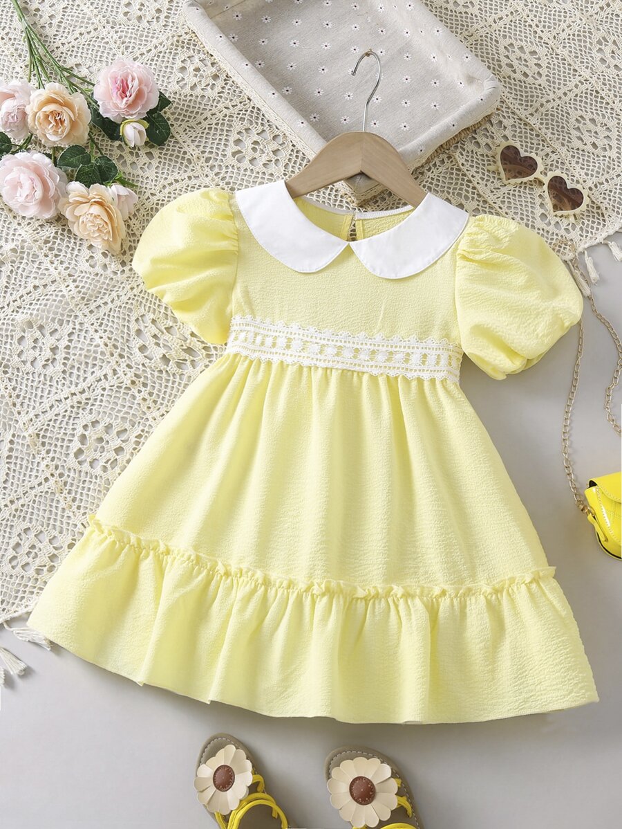 Young Girl Yellow Color Block Simple & Fashionable Vacation Style Peter Pan Collar Princess Sleeve Dress For Summer - Yellow - View 1