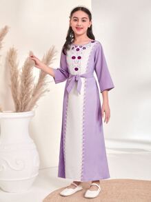 Girls 1pc Heart Print Belted Two Tone Tunic Dress - Lilac Purple - View 4