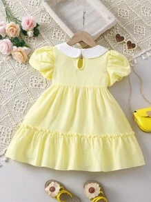 Young Girl Yellow Color Block Simple & Fashionable Vacation Style Peter Pan Collar Princess Sleeve Dress For Summer - Yellow - View 2