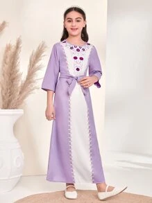 Girls 1pc Heart Print Belted Two Tone Tunic Dress - Lilac Purple - View 5