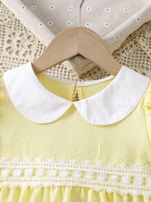 Young Girl Yellow Color Block Simple & Fashionable Vacation Style Peter Pan Collar Princess Sleeve Dress For Summer - Yellow - View 3