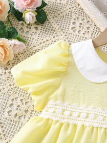 Young Girl Yellow Color Block Simple & Fashionable Vacation Style Peter Pan Collar Princess Sleeve Dress For Summer - Yellow - View 4