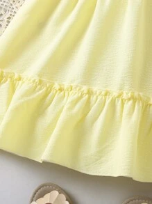 Young Girl Yellow Color Block Simple & Fashionable Vacation Style Peter Pan Collar Princess Sleeve Dress For Summer - Yellow - View 5