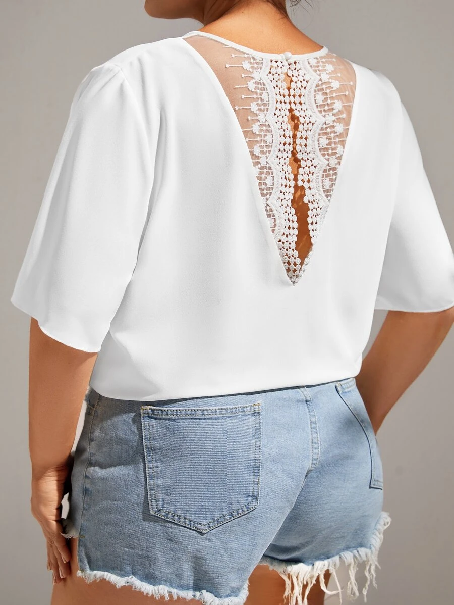 SHEIN Unity Blusa con encaje en contraste de cuello con abertura de ojo - Blanco - Ver 1