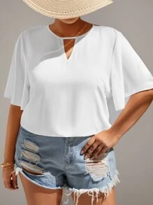 SHEIN Unity Blusa con encaje en contraste de cuello con abertura de ojo - Blanco - Ver 2